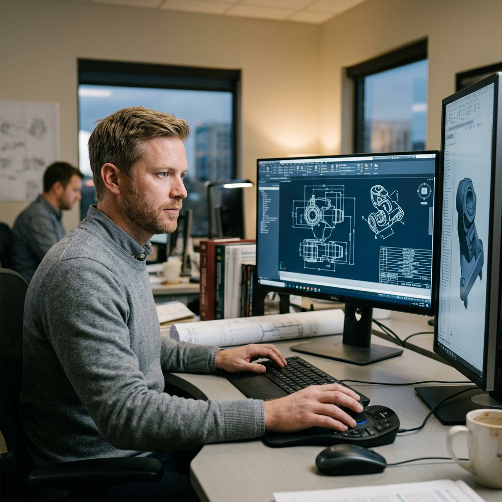 Engineer using dual monitors to create mechanical component designs in CAD software